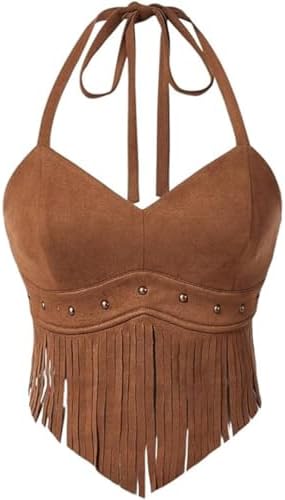OYOANGLE Women's Plus Size Fringe Halter Top V Neck Beaded Cowgirl
